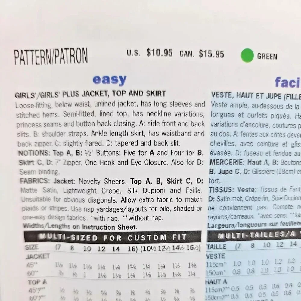 Butterick Sewing Pattern 3718‎ Girls Jacket Top Ski